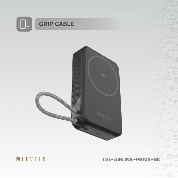 باور بانك Levelo Air Link 10000mAh MagSafe مع حامل وInt، وكابل إدخال/إخراج Type-C مدمج، وحامل مدمج، وشحن سريع Qi2 15 وات، وكابل قبضة، وشحن متزامن - أسود