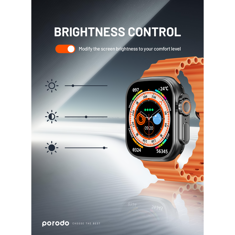 Porodo Ultimo Smart Watch, 2.1", 15 Days Working Time, 3 Hours Charging Time, Bluetooth 3.0 & 5.0, Voice Assistant, Android & iOS Compatible - Black Bezel & Orange Band