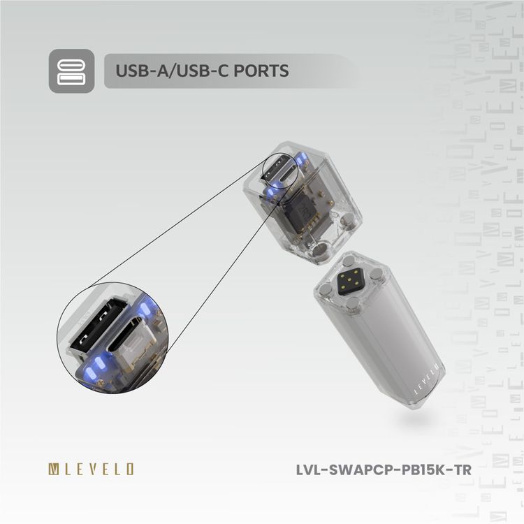 باوربانك Levelo SwapCell Pro بسعة 15000mAh مع ملحقات، 3 خلايا بطارية، قوة مغناطيسية قوية، ولاعة قوسية ورؤوس مصباح يدوي، خلية بطارية واحدة ورأس متضمن، شحن سريع - شفاف