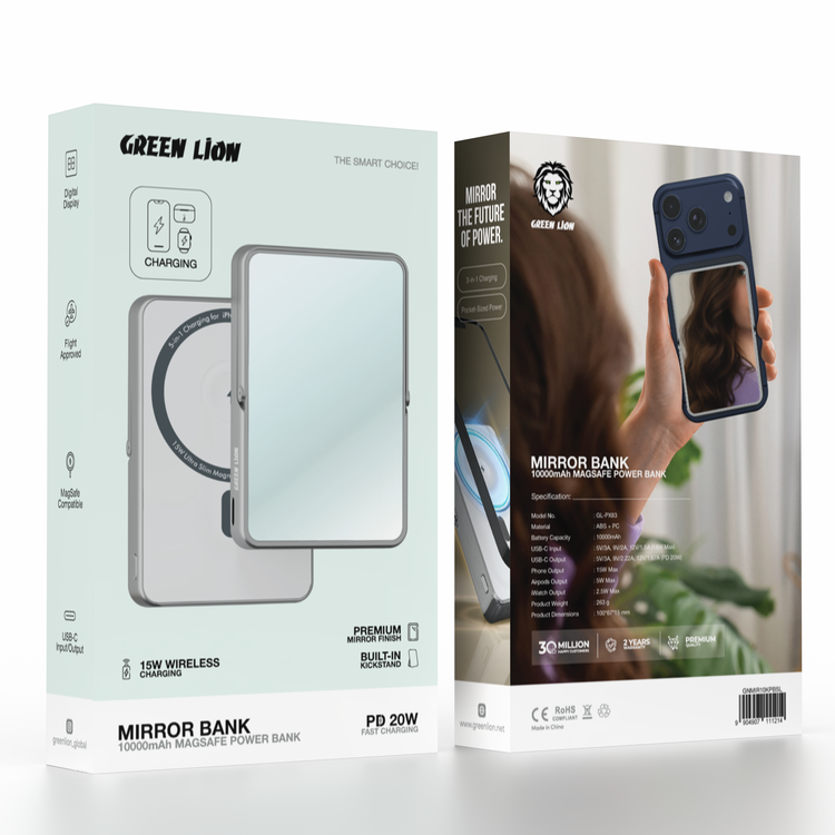 Green Lion MIRROR BANK MagSafe Power Bank 10000mAh with PD 20W, 15W Wireless Charging, Built-In Kickstand, Flight Approved, Digital Display - Silver 