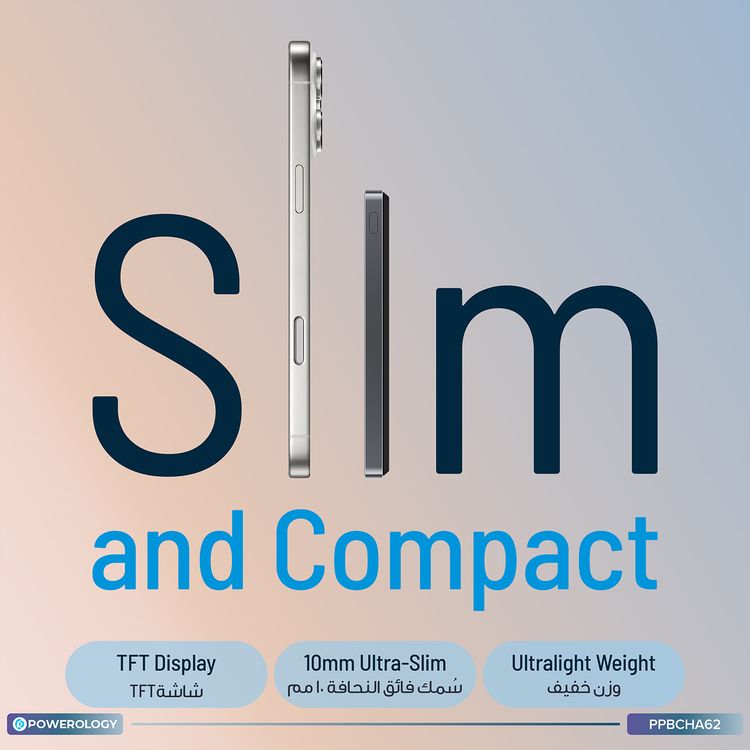 Powerology MagVolt 5000mAh Power Bank, 2.5W Watch Output, Up to 15W Phone Output, 20W Power Delivery, Ultra-Slim Design, Smart TFT Display, N54 MagSafe Compatible - Blue