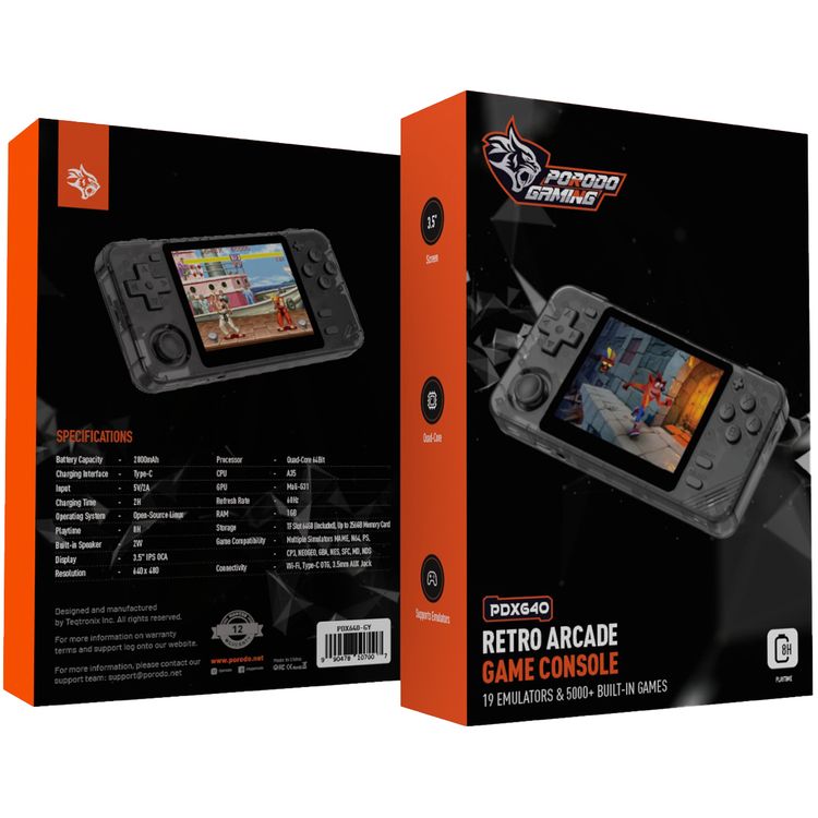 وحدة تحكم ألعاب Porodo PDX640 Retro Arcade مع 19 محاكيًا وأكثر من 5000 لعبة مدمجة، حجم شاشة 3.5 بوصة، معدل تحديث 60 هرتز، وقت تشغيل يصل إلى 8 ساعات، تشغيل صوت غامر، تصميم مريح، سعة بطارية 2800 مللي أمبير في الساعة - برتقالي / أسود