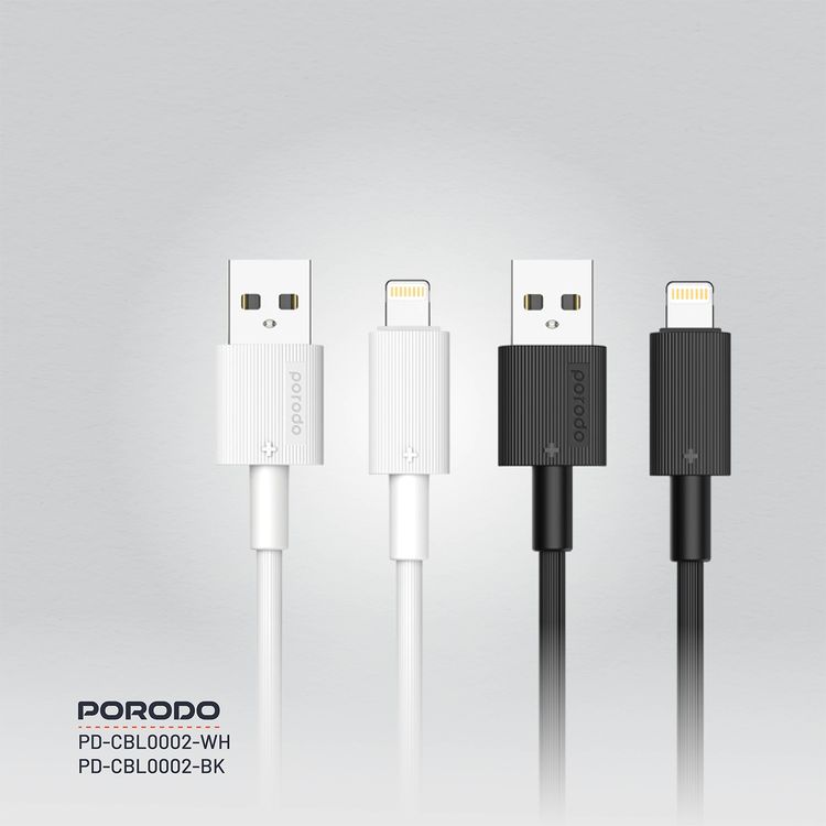 كابل USB A إلى Lightning PVC من Porodo، 480 ميجابايت في الثانية، تيار 2.4 أمبير، عمر افتراضي يزيد عن 15000 ثنية، طول الكابل 1.2 متر، خالٍ من التشابك - أبيض