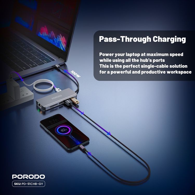 Porodo 9-in-1 USB-C Hub 4K HDMI Ethernet with 100W Power Delivery, 3.5mm Aux, USB-C Version 3.2, 10Gbps Data Transfer Speed, SD & Micro SD Memory Slot - Gray