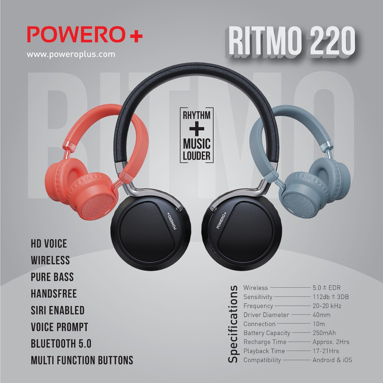 Powero+ Ritmo 220 Bluetooth Wireless Over-Ear Headphones with Pure Bass & Voice Prompt - Ergonomic Design Bluetooth 5.0 Headset - Multi Function Buttons - Siri Enabled - Black