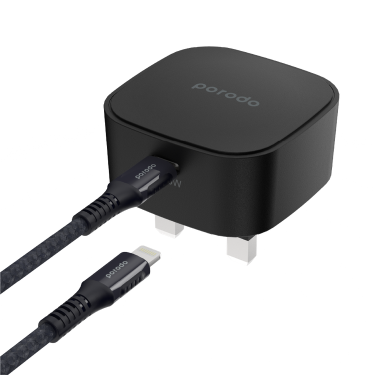 Porodo Super-Compact Fast Wall Charger UK with Braided Type-C to Lightning Cable - Black
