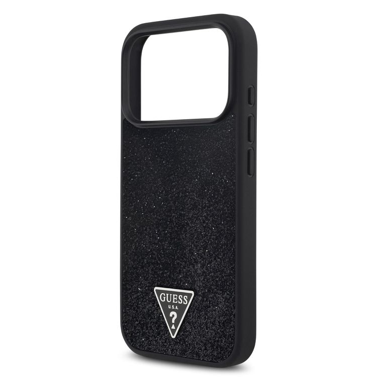 Guess MagSafe PU Leather Fixed Glitter Case with Triangle Logo for iPhone 17 Pro, Slim Profile, Easy Snap-On, Sustainable Packaging, Comfortable Grip, Drop Protection, Lightweight Design - Black