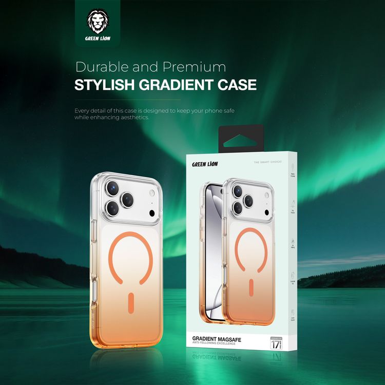 Green Lion Gradient Magsafe Case for iPhone 17 Pro Max, Powerful Magnetic Lock, Antioxidant Layer, Scratch Resistant, Anti-Yellowing, Drop Protection, Air Cushion, Non-Slip Grip - Orange