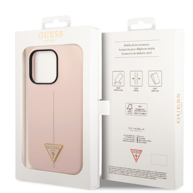 Guess Liquid Silicone Case with Shiny Line & Metal Triangle Tone Logo iPhone 14 Pro Compatibility - Pink