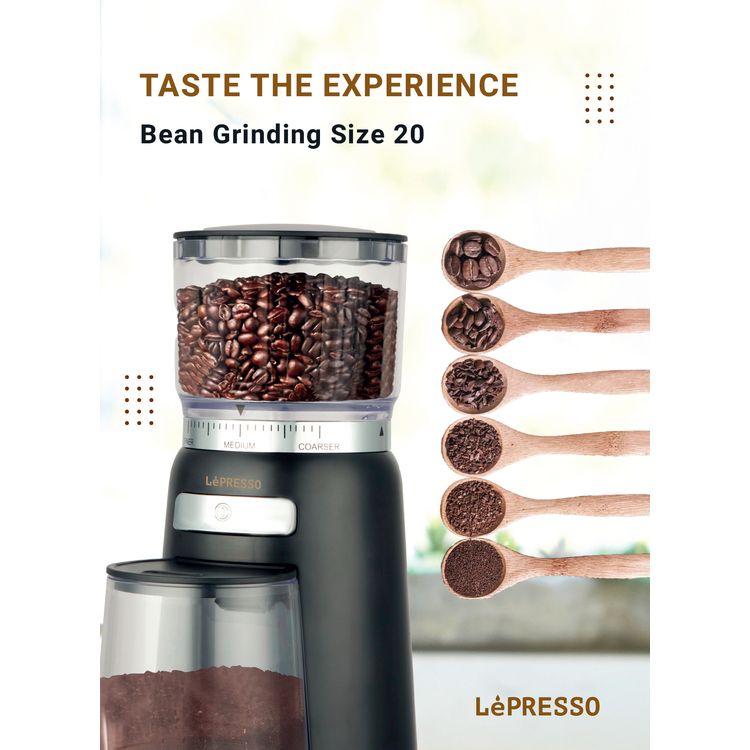 LePresso High Performance Coffee Bean Grinder with User-Friendly Design, 150W Power, Durable ABS Material, 210g Bean Box Capacity, 120g  Powder Cup Capacity - Black