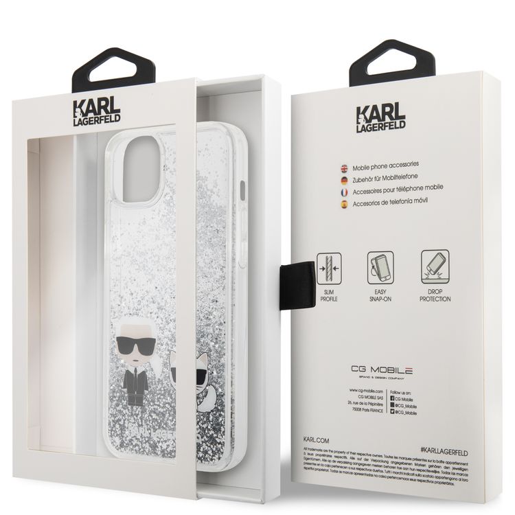 Karl Lagerfeld Liquid Glitter Silicone Case Karl and Choupette Protector iPhone 14 Plus Compatibility - Silver