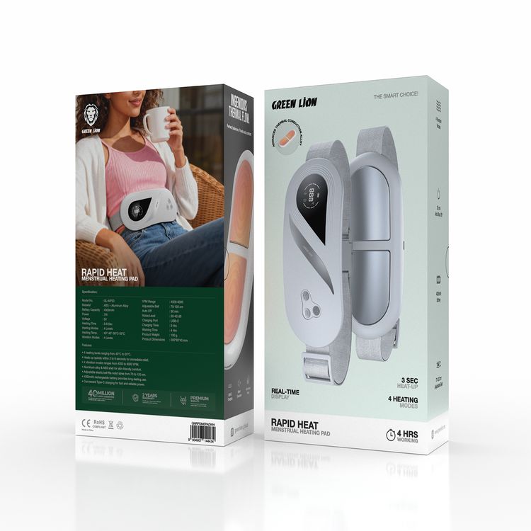 Green Lion Rapid Heat Menstrual Heating Pad with Real-Time Display, 3-Seconds Heat-Up, 4 Heating Modes, 4 Hours Working Time, 30 Minutes Auto Shut-Off, 4000mAh Battery Capacity, 70-120cm Adjustable Belt, Advanced Thermal Conduction Alloy, USB-C Charging Port, Silent Operation - White