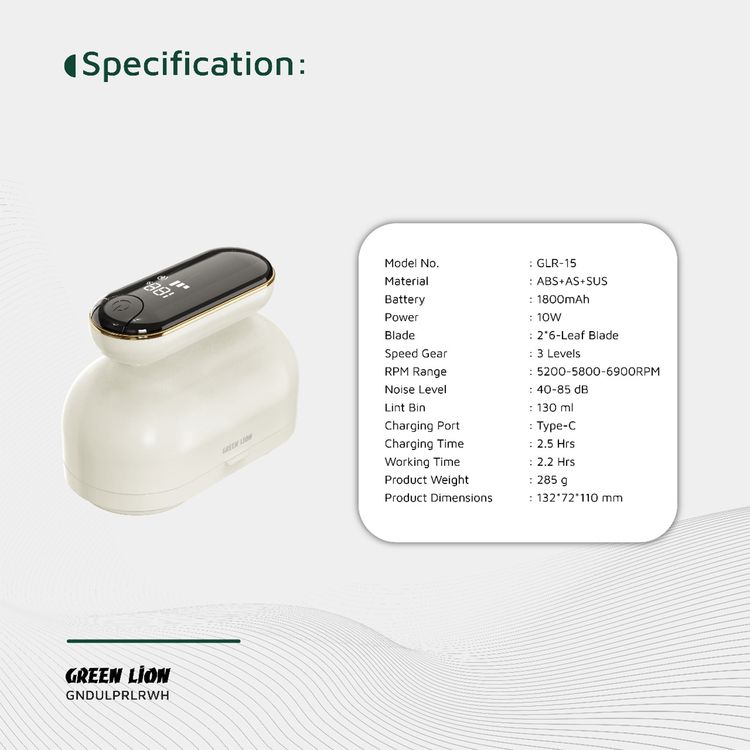 Green Lion Dualpro Digital Fabric Remover with 3-Gear Speed Control, Up to 2.2 Hours Working Time, 130mL Lint Bin Capacity, 2 × 6-Leaf Blades, Honeycomb Mesh Cover, Comfortable Hand Grip, Dual-Head Design - White