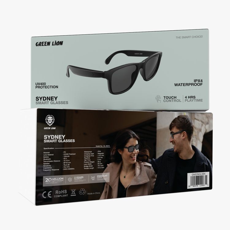 نظارات ذكية من Green Lion Sydney، عدسات مستقطبة من مادة PC وUV 400، سعة بطارية 120 مللي أمبير، إصدار بلوتوث 5.4، نوع شحن مغناطيسي، وقت تحدث يصل إلى 5 ساعات