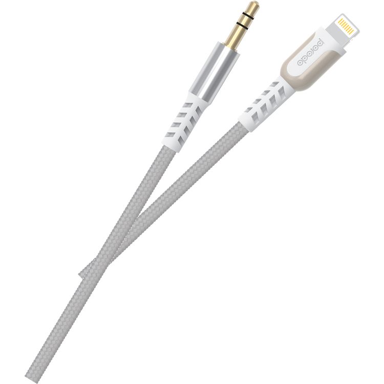 Porodo Lighting to Aux Cable with 1.2m Length, Anti-tangle, Universal Compatibility, 3.5mm Audio Jack, Plug & Play, Braided - White