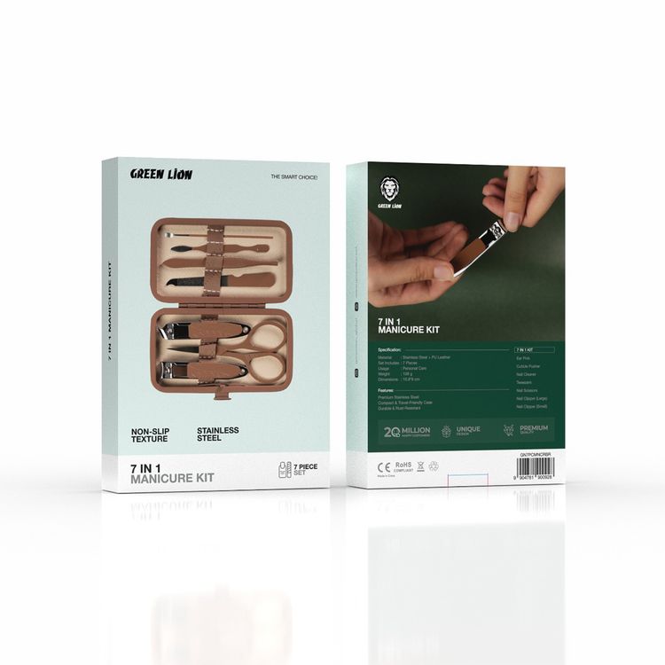 Green Lion 7-in-1 Manicure Kit with Ear Pick, Cuticle Pusher, Nail Cleaner, Tweezers, Nail Scissors, Small Nail Clipper & Large Nail Clipper, Non-Slip Texture, Leather, Glass & Plastic Material - Brown