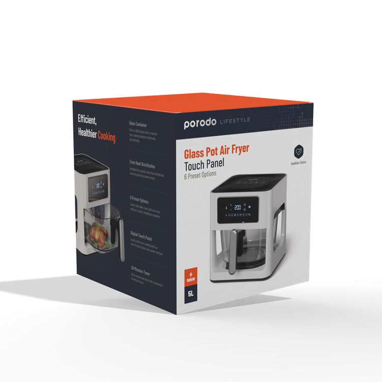 Porodo Lifestyle Glass Pot Air Fryer with a Touch Panel,1000W Rated Power, 5 Liter Capacity, 80-200°C Temperature Control - White