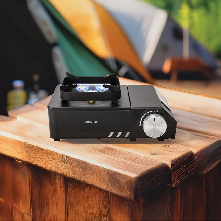 Green Lion Flamo 3 Burner Camping Stove with 2100W High Heat Output,  Iron, Copper, Aluminum Material, Adjustable Flame Control, Anti-Skid Feet, Durable Copper Burners, Magnetic Suction Valve - Black