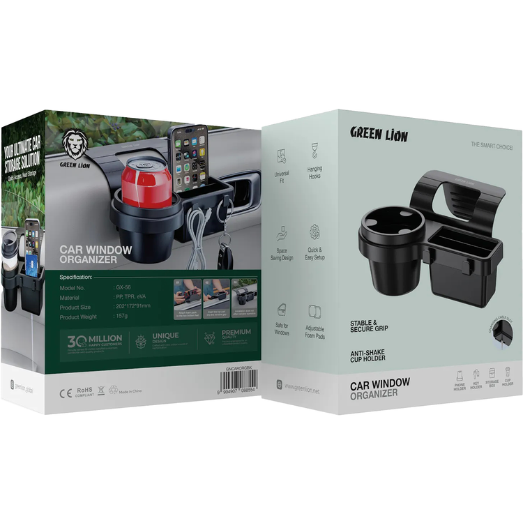 Green Lion Car Window Organizer with Stable & Secure Grip, Anti-Shake Key, Cup & Phone Holder, Storage Box, Charging Cable Slot, Safe for Car Windows, Universal Fit, Hanging Hooks, Adjustable Foam Pads, Space Saving Design - Black