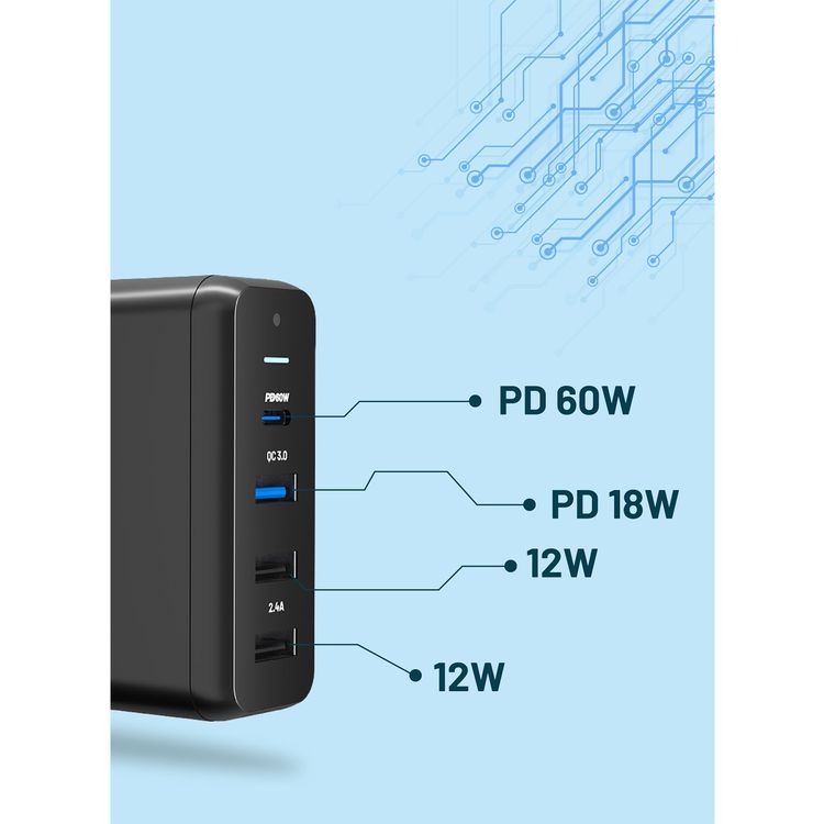 Powerology 4-Port Quick Charge Power Terminal with 75W Power Delivery, Simultaneous Charging, QC 18W, PD 60W, 0%-60% Charge in 35 Minutes, UK 3-Pin Plug - Black