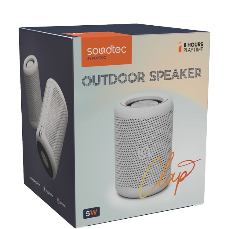Porodo Soundtec Outdoor Speaker with Flexible Audio Input & Deep Bass, Up to 8 Hours Working Time, 1800mAh Battery Capacity, 40mm Driver Size, Water-Proof, Portable Design - Gray