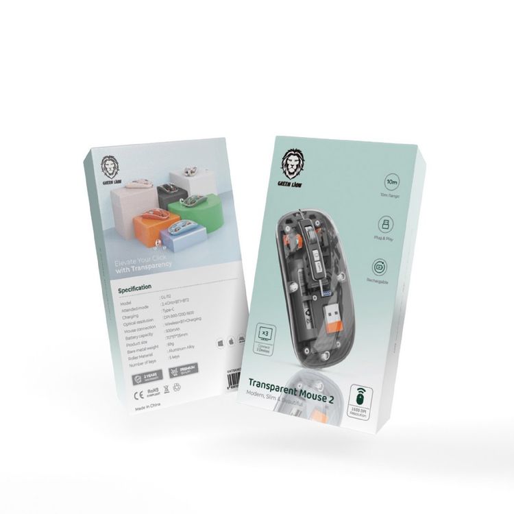 Green Lion Transparent Wireless Mouse 2 with 5 Keys, Connects to Up to 3 Devices Simultaneously, 500mAh Rechargeable Battery, 10m Distance Range, Plug & Play - Gray