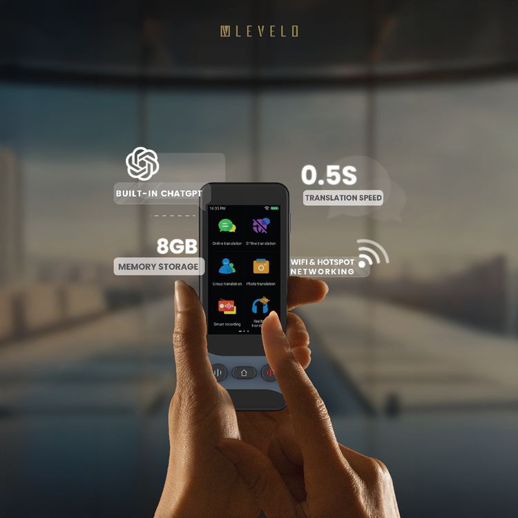 Levelo FluentLink Offline & Online Translation Device with 1500mAh Battery Capacity, Up to 8 Hours Working Time, 0.5 Seconds Translation Speed, 142 Supported Languages - Gray