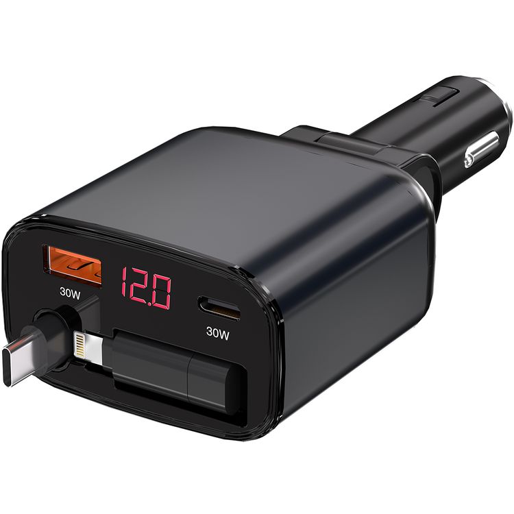 Porodo Dual Port & Connector Car Charger with Retractable Cable, 105W Total Output Power, Simultaneous Charging, USB-A & USB-C Ports, Type-C & Lightning Connectors, 80cm Cable Length, Digital Display, 27W Lightning Adapter, Universal Compatibility - Black