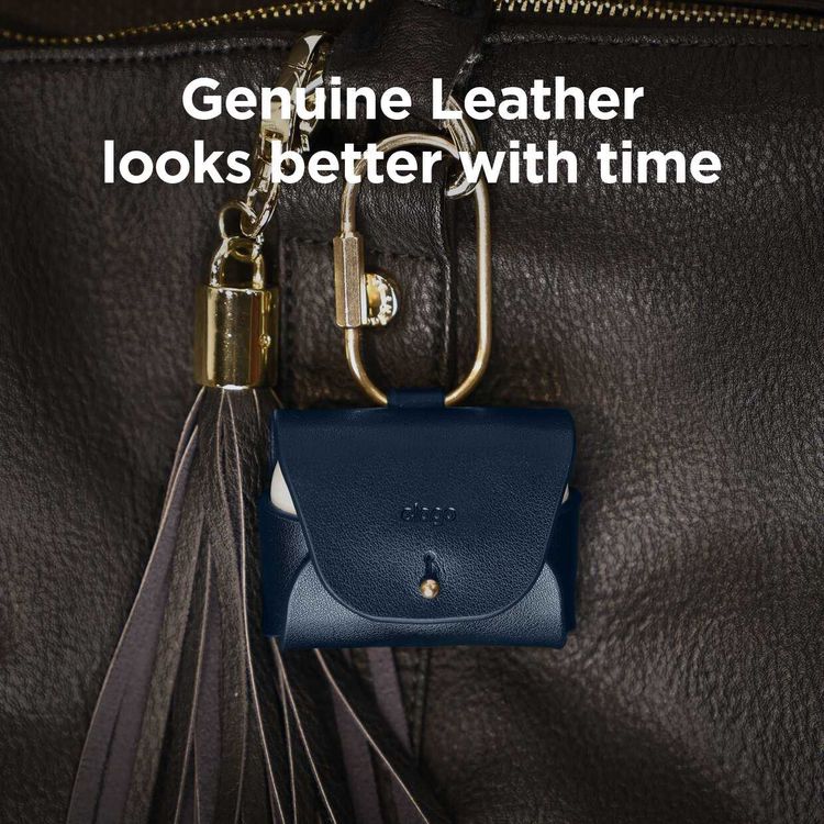 Elago Genuine Leather Case Compatible w/ Apple Airpods Pro, Vintage Design, Supports Wireless Charging, Brass Ring Holder, Anti-Slip, Shock Proof, Bring as Keychain - Jean Indigo