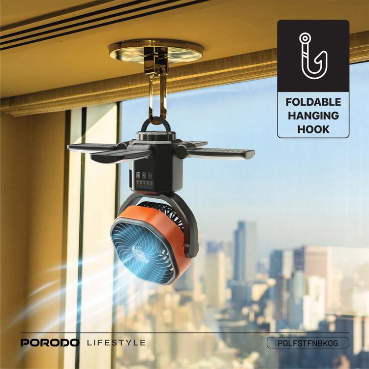 Porodo Suncharge Outdoor Solar Fan with LED Lighting & Power Bank Function, 3 LED Brightness Levels, 4 Speed Settings, Foldable Hanging Hook, 150°Auto Oscillation, Up to 30 Hours Working Time, 6000mAh Battery, 5W Rated Power - Black / Orange