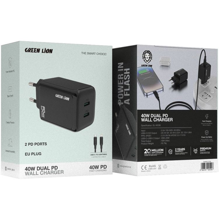 Green Lion Dual PD Wall Charger with USB-C to Lightning Cable, 1m Cable Length, Dual Type-C Ports, EU Power Plug, Charging Protection, Flame Retardant PC, Fast Charging, Universal Compatibility - Black