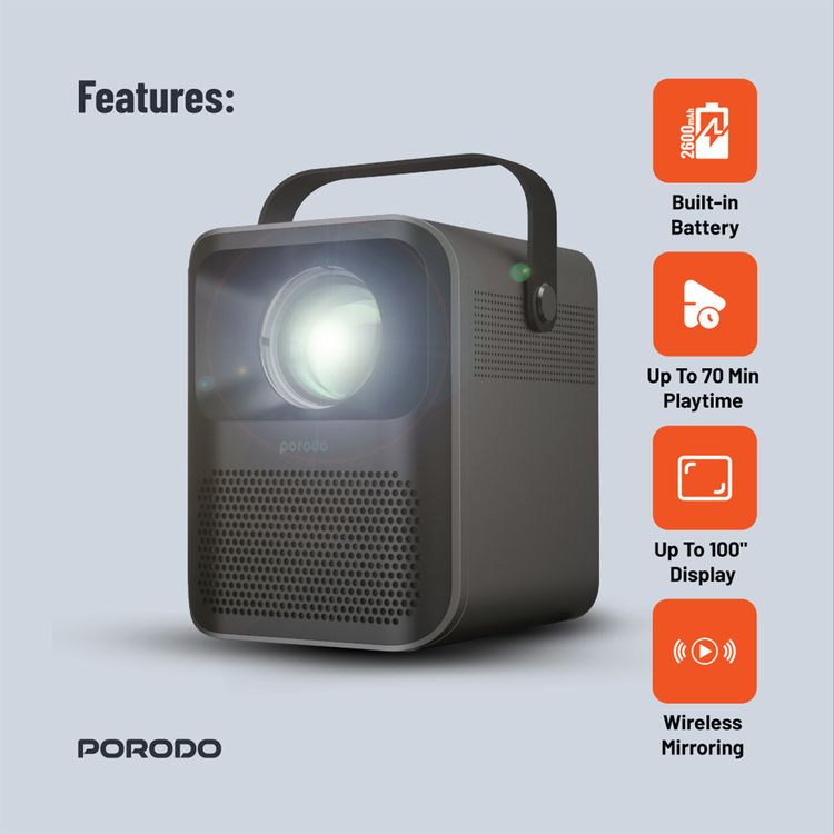 Porodo Full HD Portable Projector with 1920x1080 pixels Resolution, 3000 Lumens, 16:9, 4:3 Aspect Ratio, 45W Power, AC 100V-240V 50/60Hz, 3.5mm AUX, USB, HDMI Ports - Black