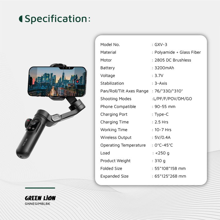 Green Lion New York Gimbal Smart Face Tracking with 6 Shooting Modes, Focus & Zoom Control, 310° Pan Rotation, 250g Load Capacity, Built-in Fill Light - Black