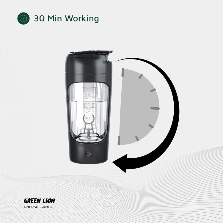 Green Lion Protein Mixer with 650mL Capacity, 1200mAh Battery Capacity, Tritan + ABS + PP Material, Type-C Charging Port,  2.5 Hours Charging Time, 30 Minutes Working Time - Black