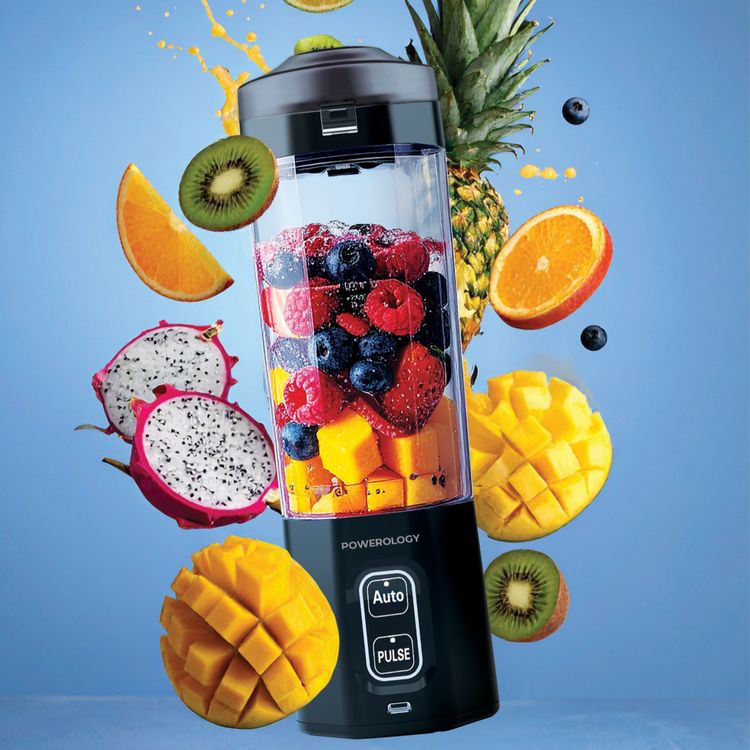 Powerology Blendex Portable Blender with 700mL Capacity, 20000 RPM Motor Speed, 150W Power, 6000mAh Battery Capacity, USB-C Charging Interface, 304 Food-Grade Stainless Steel & Tritan Materials, One-Touch Blending, Powerful 10-Blade Design - Black