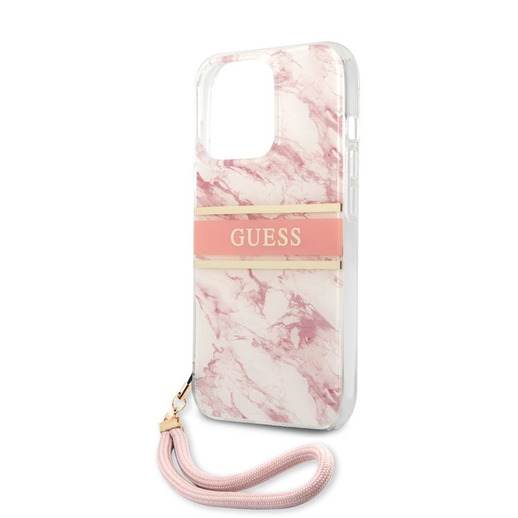 CG MOBILE Guess PC/TPU Case Marble Design & Stripe with Anti-Lost Nylon Strap for iPhone 13 Pro Max (6.7") Suitable with Wireless Charging Officially Licensed - Pink