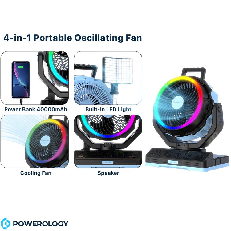Powerology Ventopower Outdoor 40K Oscillating Fan with 6 Speed Levels, High Capacity Battery, Timer, Dynamic Mood Lighting, TF Card Playback, Oscillating Fan Head - Black