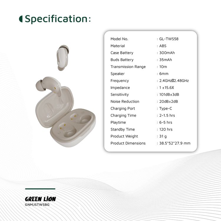 Green Lion Majestic True Wireless Earbuds TWS, High Definition Microphone, Voice Assistant Mode, Touch Control, Music Mode, Game Mode, ANC - Beige