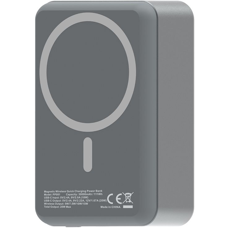 Powerology 30000mAh MagSafe Aluminum Power Bank with 20W Power Delivery, 15W Wireless Output, Li-Polymer Battery, Simultaneous Charging, Compact Design - Dark Gray