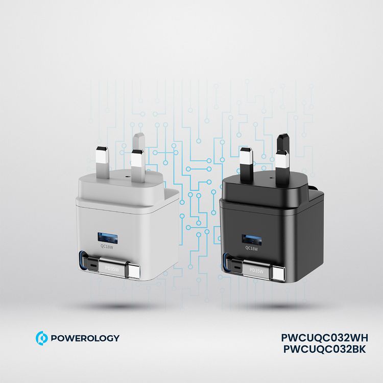 Powerology Dual Output Retractable GaN Charger with Built-in Safeguards, 2-Device Charging, 35W Power Delivery, Fire Proof Material, Patented Design, 75cm Retractable Type-C Cable - White