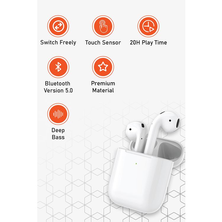 Porodo Blue Deep Bass Wireless Earbuds 2, One-Step Pairing, Comfortable Fit, Independent Earbuds, Touch Control, Deep Bass -  White