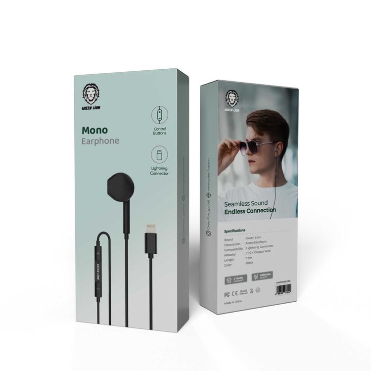 Green Lion Wired Mono Earphone with Lightning Connector, Control Buttons, 1.2m Cable Length, TPE & Copper Material, 14.2mm Speaker Size - Black