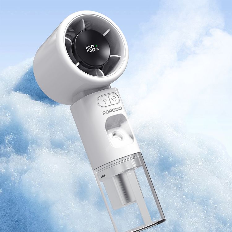 Porodo Cool & Hydrate Mini Fan & Humidifier with 100 Speed Levels, Up to 5 Hours Working Time, Whisper-Quiet Operation, LED Digital Display, 2000 mAh Battery, USB-C Charging Port - White