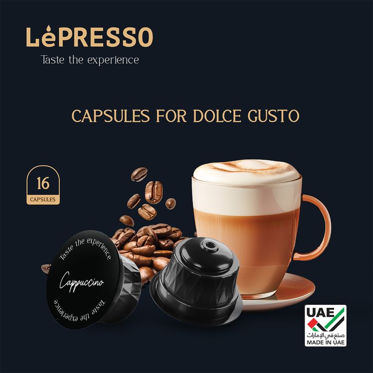 كبسولات LePresso كابتشينو لدولتشي غوستو 16 قطعة، كبسولات بلاستيكية، كبسولات لدولتشي غوستو، كبسولات قهوة مطحونة ومحمصة، مزيج مثالي - أسود