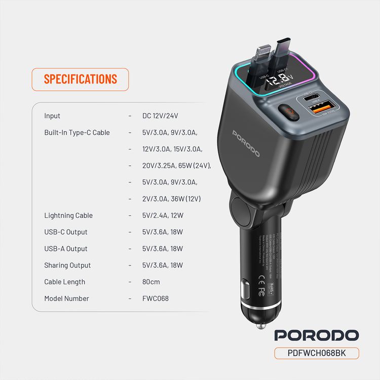 Porodo 65W Car Charger with Dual Retractable Cables, Real-Time Voltage Display, Type-C & Lightning Cable Types, USB-A & USB-C Ports, Universal  Compatibility - Black