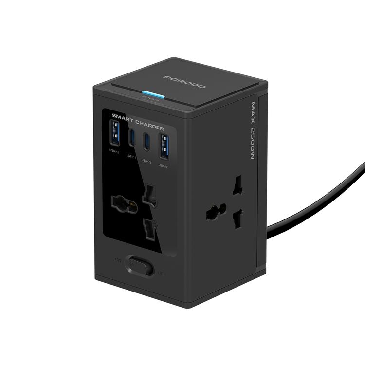 Porodo Universal GaN Multi-Port Cube Adapter with 2500W Rated Power, 100-250V Input Voltage, Four AC Sockets, Dual USB-C, Dual USB-A, Simultaneous Charging - Black