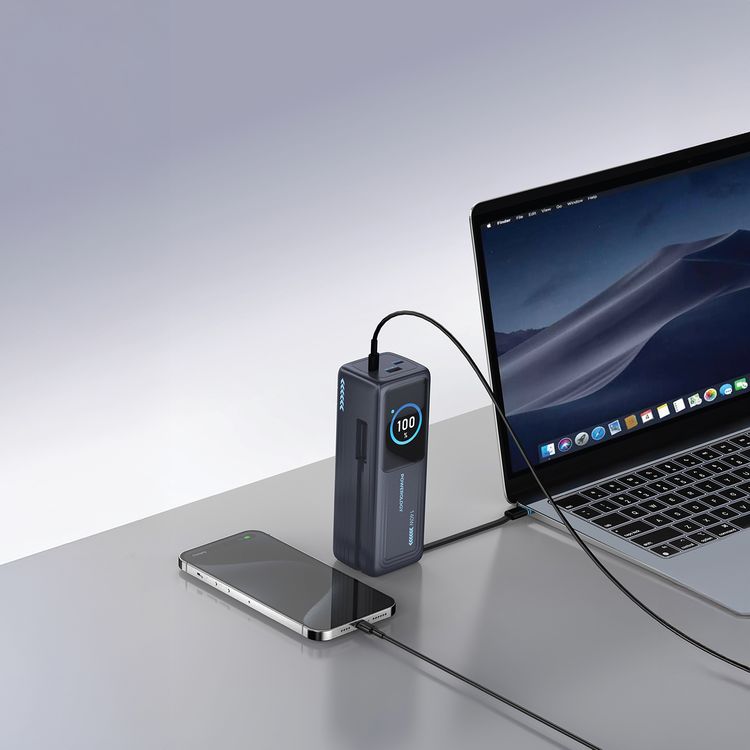 باورولوجي Thunderamp 30000mAh باور بانك مع شاشة TFT ذكية، شحن فائق السرعة، شحن متعدد الأجهزة، شاحن لابتوب، PD 140W - رمادي