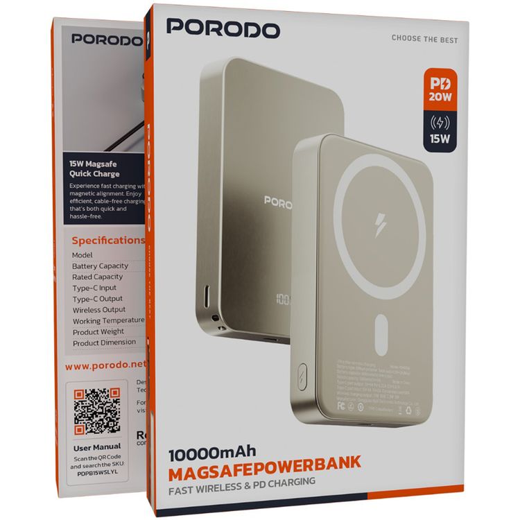 بنك طاقة بورودو ماج سيف 10000 مللي أمبير/ساعة مع منفذ إدخال وإخراج من النوع C، شحن لاسلكي 15 وات وشحن PD 20 وات، مؤشر بطارية LED، تصميم صغير الحجم وقابل للحمل - فضي / أصفر