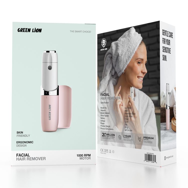 Green Lion Facial Hair Remover with Stainless Steel Blade & LED Indicator, 1W Power, 1000 RPM Motor Speed, Replaceable AA Battery, Protective Cover, Skin Friendly, Ergonomic Design - Pink