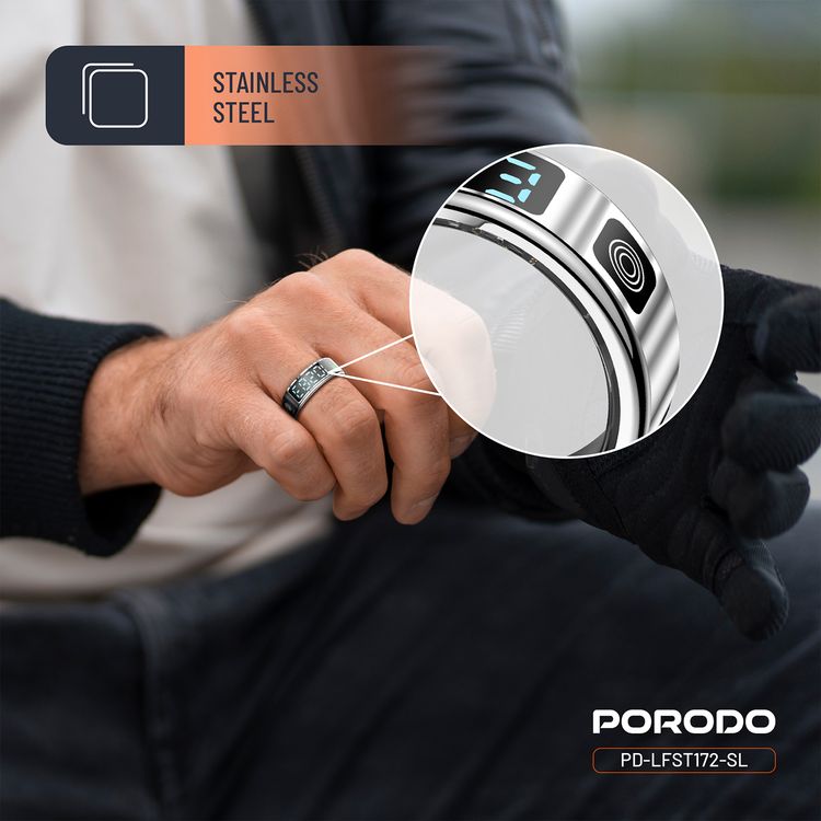 Porodo FitSync Smart Ring with Digital Display with Touch Scroll Function in Small Size 7, Up to 4 Days Active Use Time, 96KB Ram & 128KB ROM, Camera Gesture Control, Activity Tracking & 128 Sport Modes - Silver